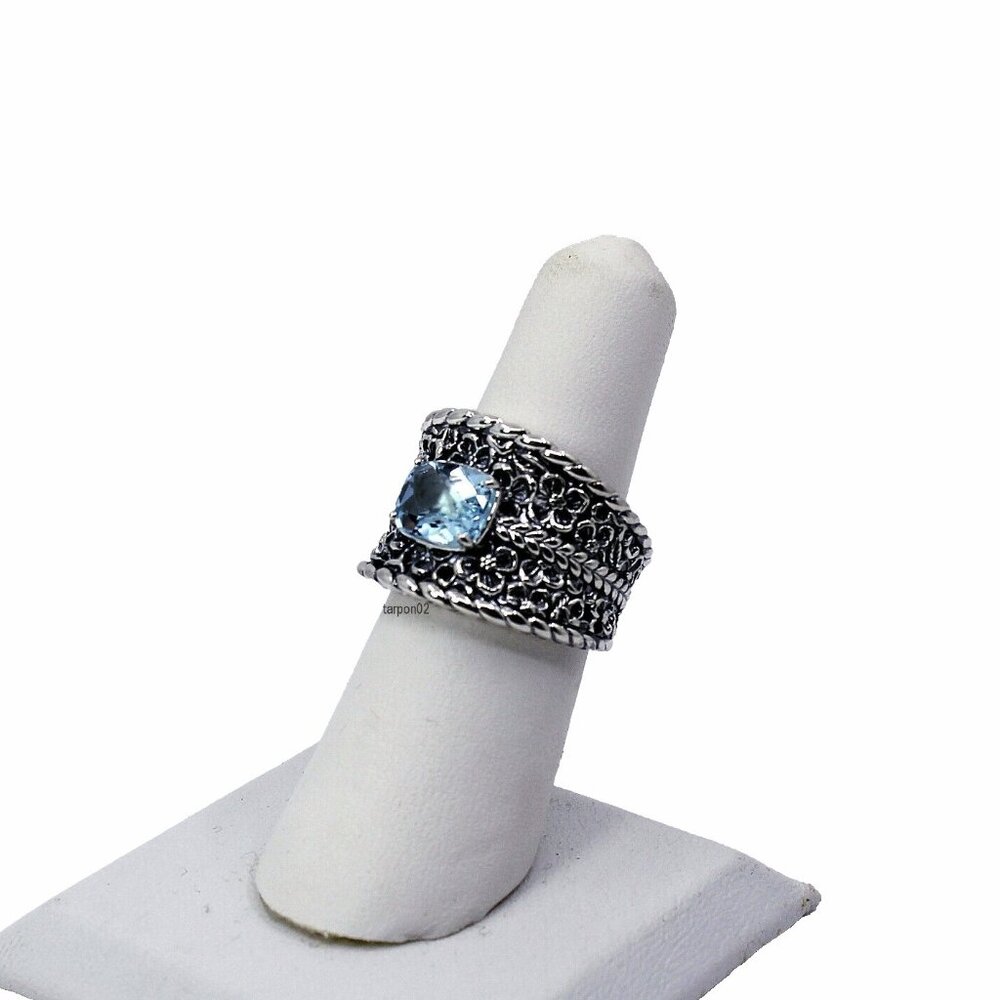 John Hardy JAI Blue Topaz+Floral Textured Saddle Band Sterling Silver Ring-7 NIB - Picture 5 of 15